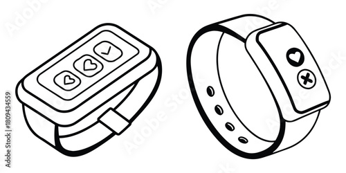 Two wearable devices with buttons and icons are shown in a line drawing.