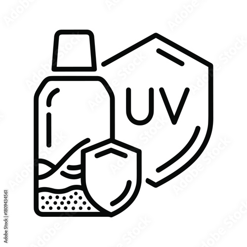 Line art illustration of sunscreen spray with uv protection symbols, isolated on, for summer skincare