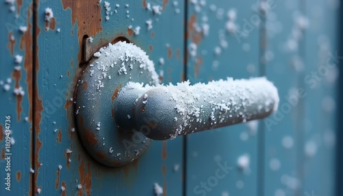 Frosted metal door handle on blue wooden door in winter  