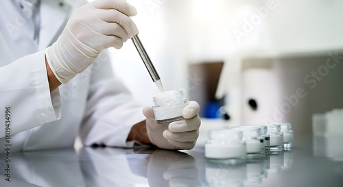 Scientist carefully testing luxurious cream in a laboratory for quality assurance, ensuring premium skincare for beauty and wellness products today
