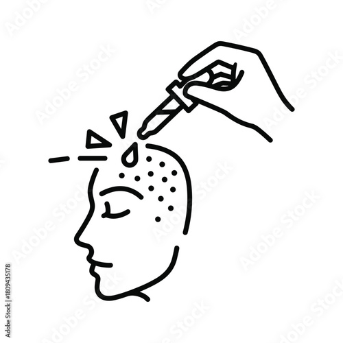 Hair loss treatment with serum application on bald head isolated on