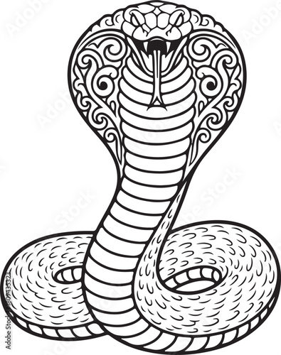 Intricate black and white illustration of a cobra with flared hood