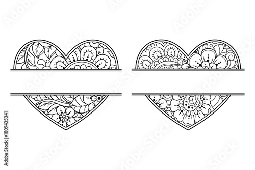 Set of Frame in eastern tradition. Stylized with henna tattoos decorative pattern for decorating covers for book, notebook, casket, magazine, postcard and folder. Flower Heart in mehndi style.
