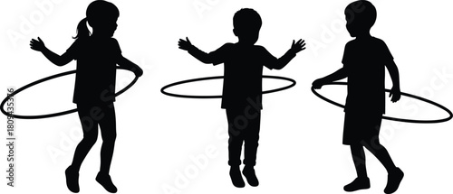 Silhouette of three children playing with hula hoops, happy kids enjoying fun outdoor activity, fitness exercise and playful motion vector illustration.