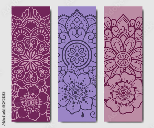 Set of design yoga mats. Lotus floral pattern, mandala in oriental style for decoration sport equipment. Colorful ethnic Indian ornaments for spiritual serenity. Decor of card, poster, print.