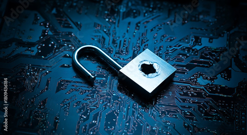 Vulnerable system security showing breached padlock on circuit board, cybersecurity concept for data breach, system failure, and technology risks