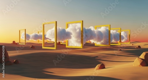 Surreal Desert Landscape with Golden Frames and Ethereal Clouds at Sunset