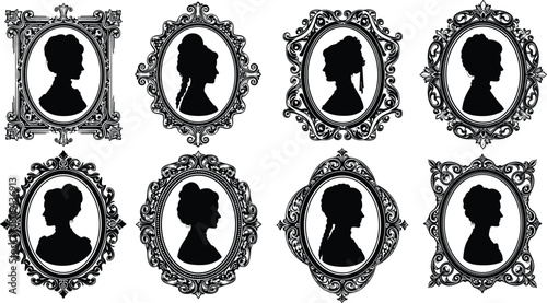 Vintage silhouette cameo set of woman profiles in ornate frames, antique Victorian portrait vector illustration, retro female head icons with decorative borders collection.