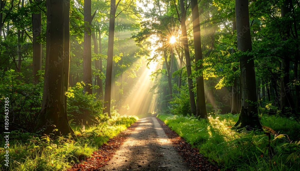 Obraz premium Sunlight filtering through trees along a forest path.