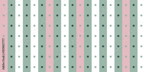 Pattern of vertical stripes in pink green and white with rows of gray and dark gray dots overlaying