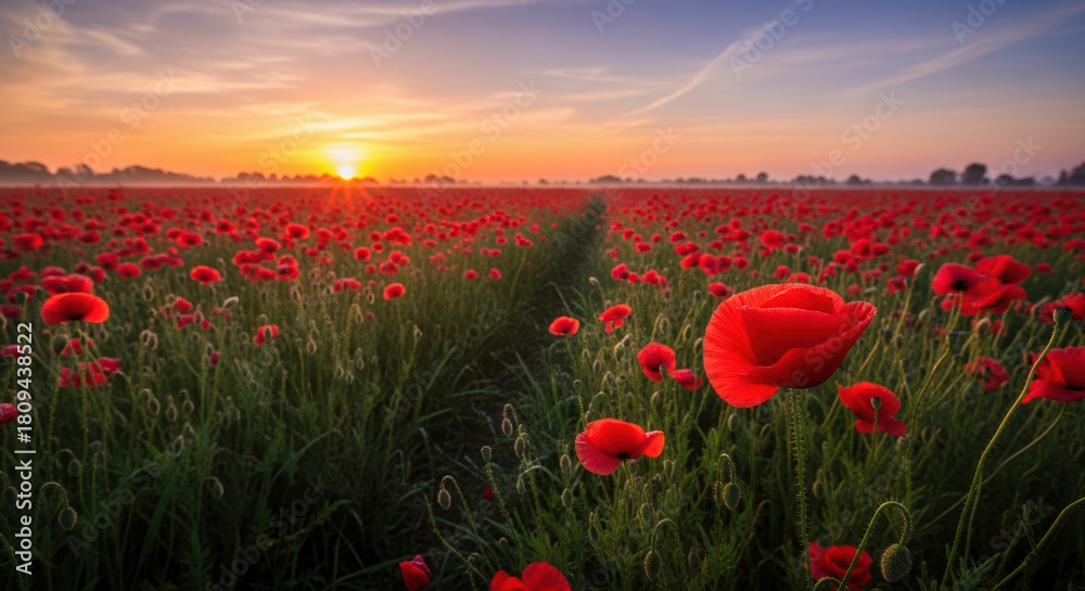 Fototapeta premium Remembrance Day field with red poppies at sunrise, a landscape filled with respect and solemn beauty. Remembrance Day commemorates sacrifices; its remembrance brings to mind war's end.