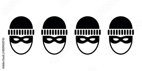 Four identical cartoon thieves wearing black beanies and masks