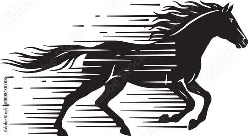 A dynamic black silhouette of a galloping horse with speed lines