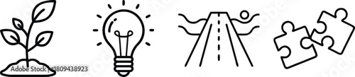 Business growth idea and strategy icons representing development innovation progress and teamwork