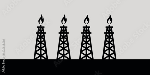 Four black oil rig derricks with flames on top against a gray background