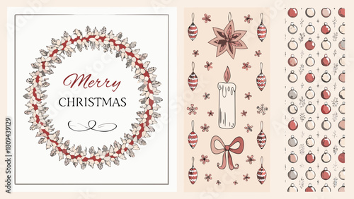 Illustration featuring christmas wreath, candle, ornaments, star and a bow in soft colors
