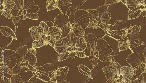 Elegant floral background with hand-drawn gold orchids on a dark chocolate texture. This sophisticated seamless pattern is ideal for fashion textiles or wedding invitations.