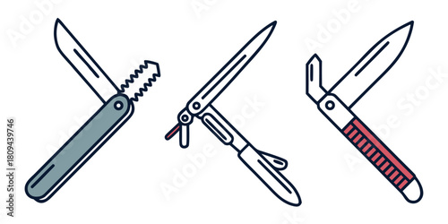Three illustrated pocket knives are displayed against a white background.