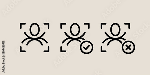 Three stylized human figures with facial recognition scan frames and status icons