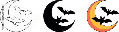 Halloween crescent moon with bats illustration vector design in three different styles