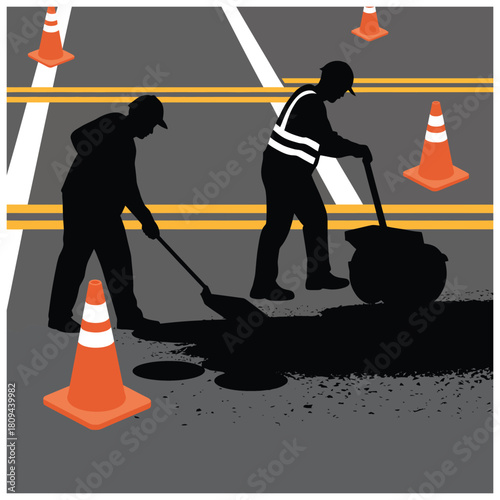 Road workers repair asphalt on a street with traffic cones, showing a construction site and safety measures