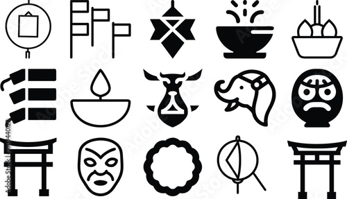 Collection of diverse cultural and religious symbols and icons in black and white