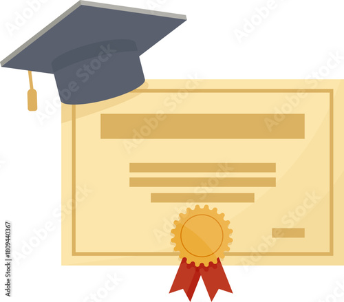 Flat Vector Graduation Icon Set Featuring Diplomas, Certificates, Scrolls, and Mortarboard Caps with Red Ribbons and Gold Seals