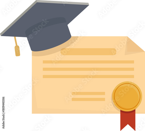 Flat Vector Graduation Icon Set Featuring Diplomas, Certificates, Scrolls, and Mortarboard Caps with Red Ribbons and Gold Seals