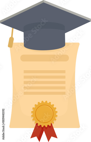 Flat Vector Graduation Icon Set Featuring Diplomas, Certificates, Scrolls, and Mortarboard Caps with Red Ribbons and Gold Seals
