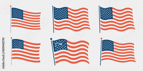 Collection of waving american flags on white background