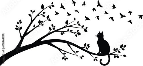 Cat silhouette on tree branch, flying birds illustration, peaceful nature scene artwork, black and white animal design, decorative minimal graphic