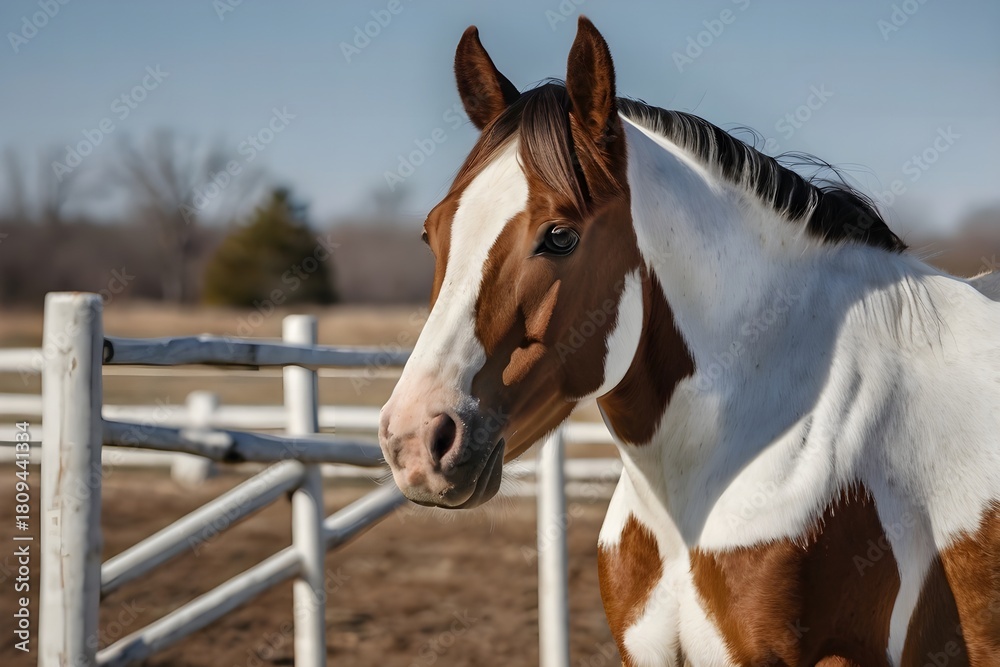 Fototapeta premium American Paint Horse Standing on White Background