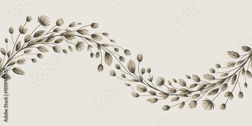 Elegant wavy garland of delicate leaves on a light background