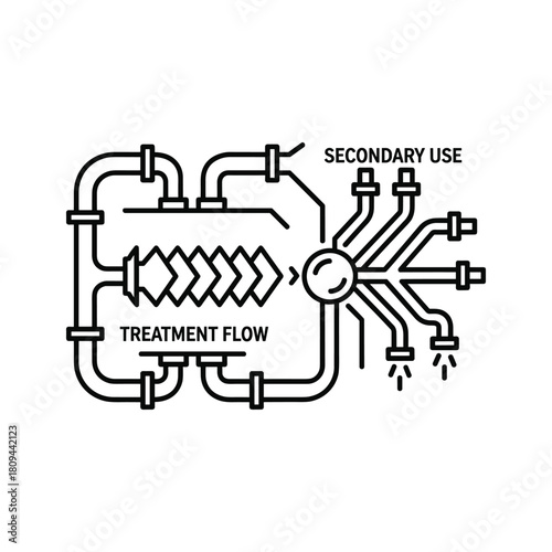 Water treatment flow and secondary use piping system icon, vector