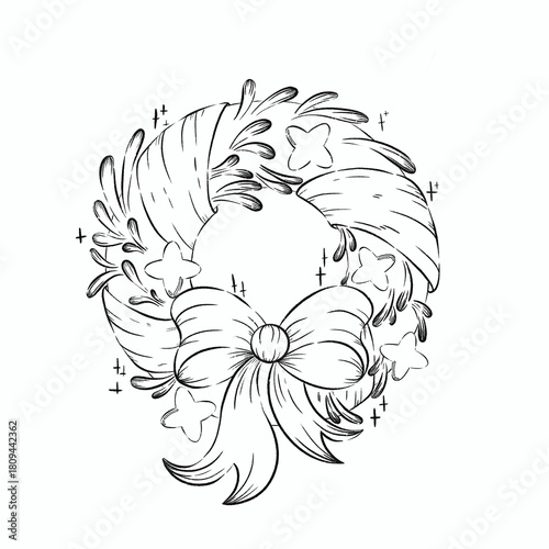 A charming hand-sketched illustration featuring a Christmas wreath adorned with bows and stars, ideal for holiday-themed designs and festive decorations