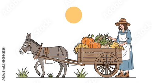 A farmer and her donkey transport a bountiful harvest in a rustic cart