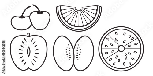 A collection of line art illustrations of various fruits, including cherries, kiwi, and citrus slices.