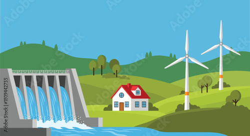 Renewable energy landscape with a dam wind turbines and a rural house