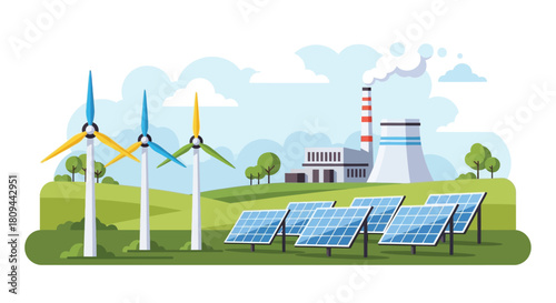 Sustainable energy sources including wind turbines solar panels and a power plant