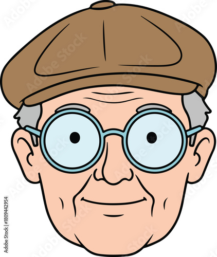 Cartoon illustration of a smiling elderly man's face wearing a flat cap and round glasses, friendly senior character vector isolated.