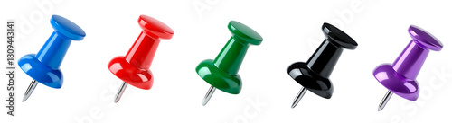 Set of Five Shiny Plastic Pushpins in Primary Colors (blue, red, green, black, purple) Isolated on Transparent Background