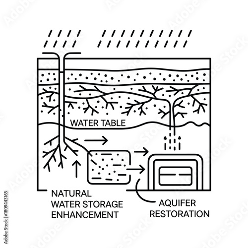 Natural water storage and aquifer restoration system diagram icon