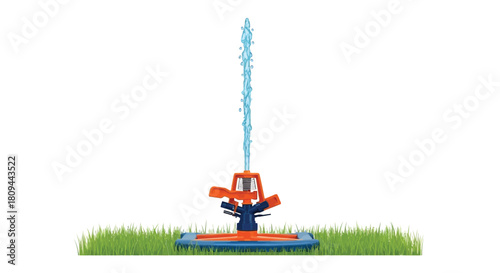 A colorful oscillating lawn sprinkler sits on a patch of green grass