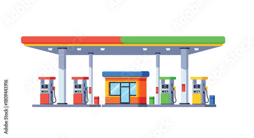 Colorful illustration of a gas station with multiple fuel pumps and canopy