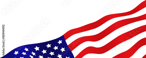 Waving American flag design element in the bottom corner with ample white background copy space. Patriotic, national, and democratic banner with the US national flag. Editable vector illustration.