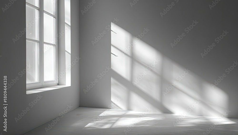 Fototapeta premium Minimalist empty room with a large window letting in sunlight creating geometric shadows on the wall