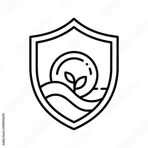 Shield icon with plant and sun inside, representing nature protection, isolated on