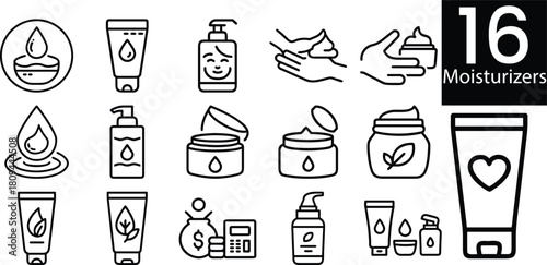Collection of hand drawn icons representing skincare and beauty products and their application
