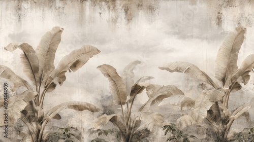 Mural featuring stylized banana leaves against a muted, abstract background