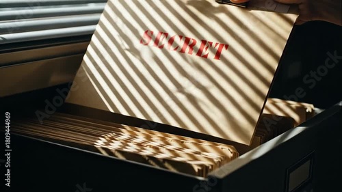 A hand pulls a secret file from a cabinet. Revealing a confidential document with a red stamp. Espionage, investigation, and classified information concept